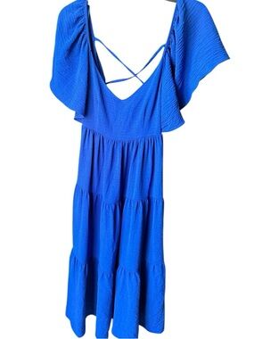 Everleigh Brooks Royal Blue Tiered Midi Dress with Flutter Sleeves Sz S